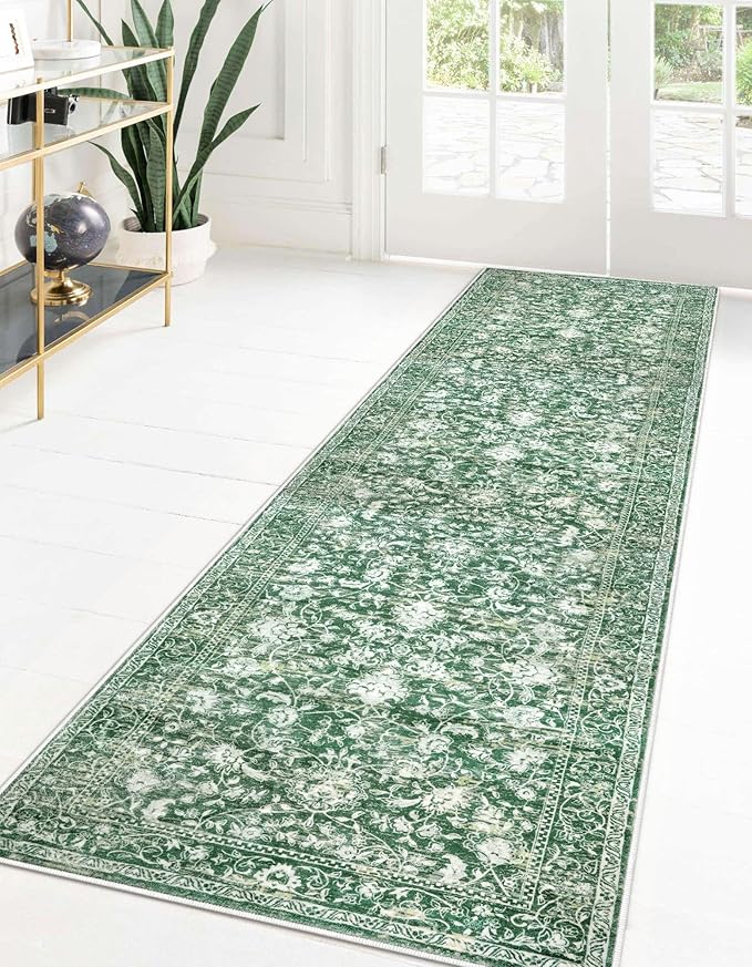 KILOCOCO Hallway Runner 2x8 Rug Runner Printed Vintage Floral Washable Kitchen Runners Non-Slip Rubber Backed Runners for Hallways Laundry Room Distressed Boho Rugs for Entryway Bedroom, Green