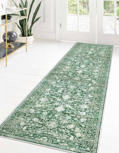 KILOCOCO Hallway Runner 2x8 Rug Runner Printed Vintage Floral Washable Kitchen Runners Non-Slip Rubber Backed Runners for Hallways Laundry Room Distressed Boho Rugs for Entryway Bedroom, Green