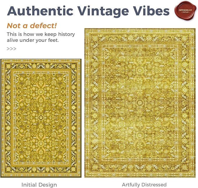 OPPODREAM Thin Vintage Yellow 3x10 Runner Rug, 3 x 10 Retro Washable Rug Non Slip, Low-Pile Faux Wool Carpet, Distressed Floor Mat for Kitchen, Hallway, Entry-Way, Entrance, Indoor Back Door
