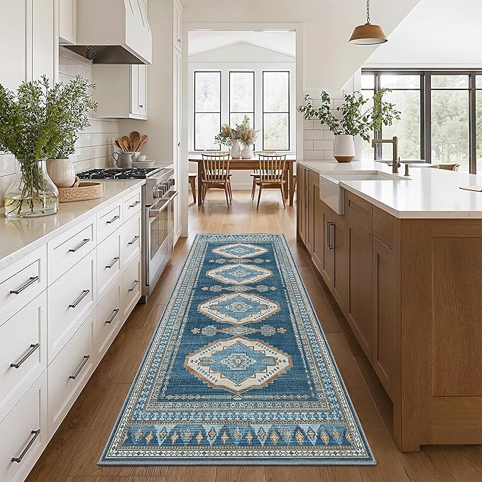 GENIMO 2x10 Washable Runner Rug for Hallway, Vintage Non Slip Low Pile Carpet, Soft Lightweight Printed Rug for Entryway, Kitchen, Corridor & Home Office, Navy/Brick