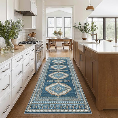 GENIMO 2x10 Washable Runner Rug for Hallway, Vintage Non Slip Low Pile Carpet, Soft Lightweight Printed Rug for Entryway, Kitchen, Corridor & Home Office, Navy/Brick