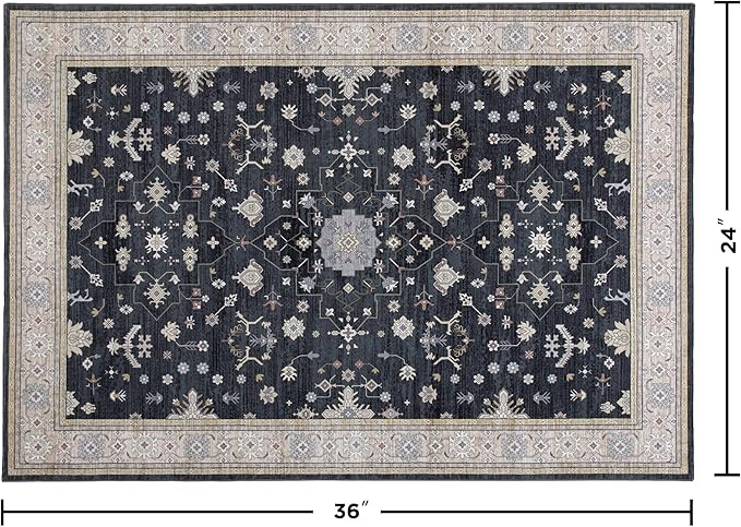 2x3 Entryway Rug, Black Small Boho Washable Rug, Soft Modern Non-Slip Area Rug, Low Pile Carpet for Entryway Kitchen Bathroom Front Doormat Indoor Entrance Throw Rugs, Black/Gold