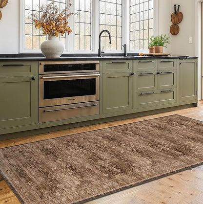 Brown Washable Long Runners for Hallways, 2'6"x8' Wide Kitchen Runner Rug, Entryway Indoor Rug, Non Slip Rubber Backing Boho Vintage Dark Floor Decor