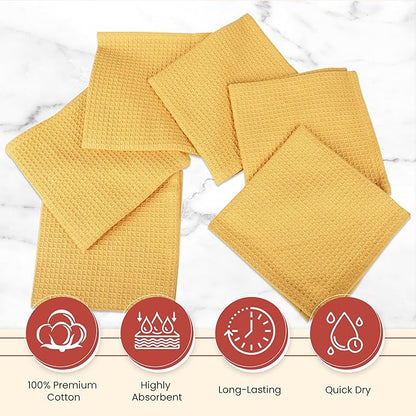 Vintage Vista 100% Cotton Waffle Dish Cloths (Pack of 6) - Dish Rags for Washing Dishes - Reusable & Highly Absorbent Kitchen Towels - Kitchen Rags for Christmas - (12" x 12" - Yellow)