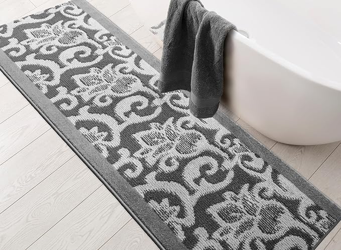 10 Ft Long Non-Slip Washable Carpet Runner Rug with Rubber Backing, Custom Floor Mat for Kitchen Hallway Stairs Bedroom Bathroom Entryway, Your Choice of Length, Lily Anthracite (26" X 10')