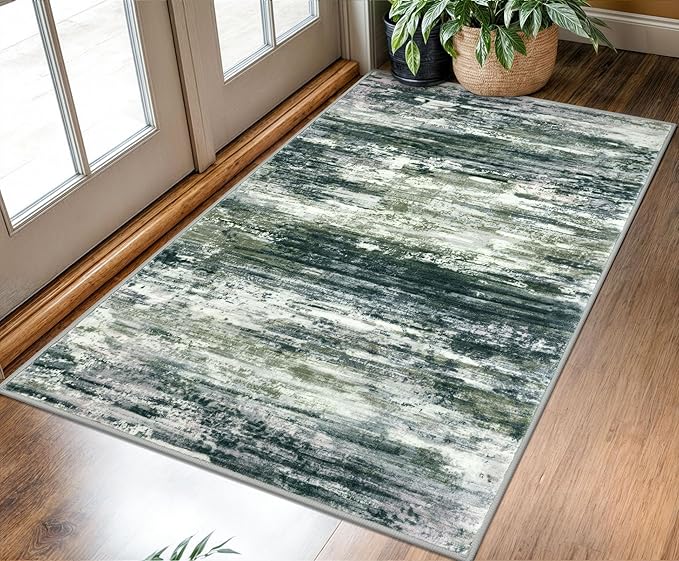 KOZYFLY Modern Abstract 3x5 Area Rug Washable Bedroom Rug Green Yellow, Throw Entry Mat Non-Slip Stain Resistant Carpet Dining Room Rug with Soft Low Pile for Living Room Kitchen Bath Office