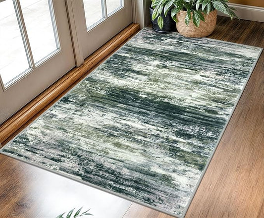 KOZYFLY Modern Abstract 3x5 Area Rug Washable Bedroom Rug Green Yellow, Throw Entry Mat Non-Slip Stain Resistant Carpet Dining Room Rug with Soft Low Pile for Living Room Kitchen Bath Office