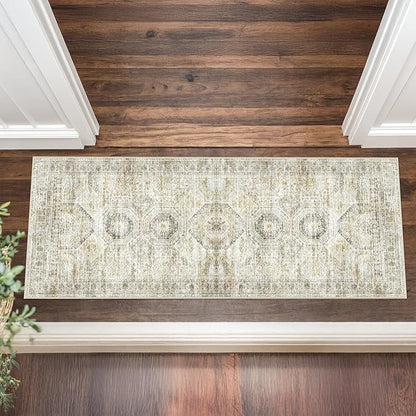 2x5 Rug Runner Washable for Entryway, Soft Bathroom Rugs with Non-Slip Backing, Abstract Low Pile Hallway Runner, Vintage Small Kitchen Carpet for Stair, Laundry Room(2'x5', Grey/Yellow)