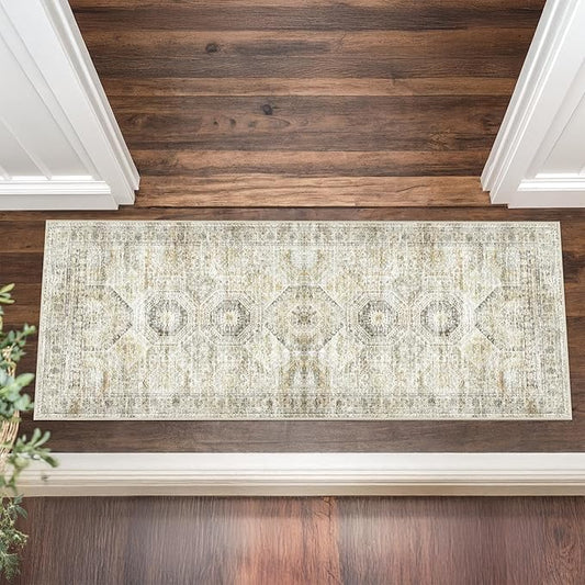 2x5 Rug Runner Washable for Entryway, Soft Bathroom Rugs with Non-Slip Backing, Abstract Low Pile Hallway Runner, Vintage Small Kitchen Carpet for Stair, Laundry Room(2'x5', Grey/Yellow)
