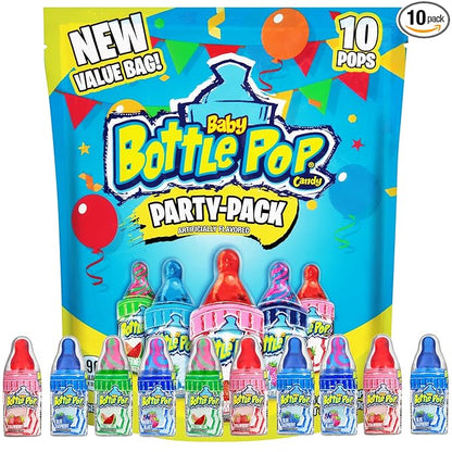 Baby Bottle Pop Candy Lollipops Variety Pack - 10 Ct Bulk Lollipops with Dipping Powder, Full Size, Fun Hard Candy For Birthday Parties, Valentine's Gifts, Goodie Bags, Party Favors
