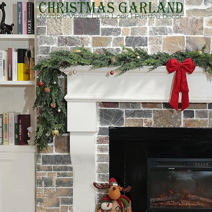 6 Feet Pre-Lit Artificial Christmas Garland with Lights -Real Touch Cedar Garland -Battery Operated -Christmas Decorations -Garland for Table, Fireplace, Mantle,Wall, Indoor Outdoor -Home Decor