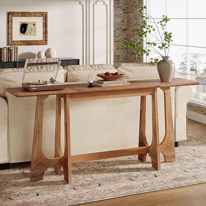 63-Inch Solid Wood Console Table, Farmhouse Long Sofa Table Behind Couch with Geometric Base for Entryway, Entrance, Living Room, Walnut Brown