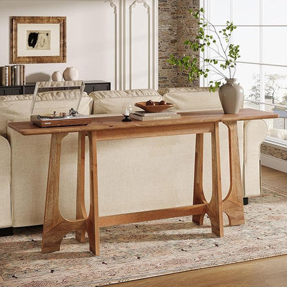 63-Inch Solid Wood Console Table, Farmhouse Long Sofa Table Behind Couch with Geometric Base for Entryway, Entrance, Living Room, Walnut Brown