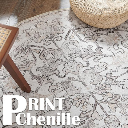 jinchan Round Rug 5ft Vintage Machine Washable Area Rug Kitchen Indoor Circle 5' Ultra-Thin Non-Slip Floral Print Carpet for Farmhouse Entryway Dining Room Living Room Bedroom Office (5'Round,Taupe)