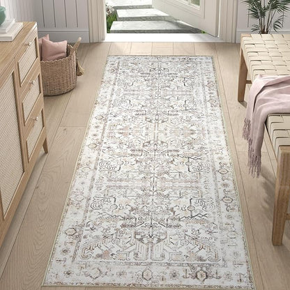 jinchan Runner Rug 2x6 - Vintage Hallway Machine Washable Rug Floral Non Slip with Rubber Backing Ultra-Thin Carpet Runner for Kitchen Bedroom Laundry Room Farmhouse Entryway (2x6ft,Taupe)