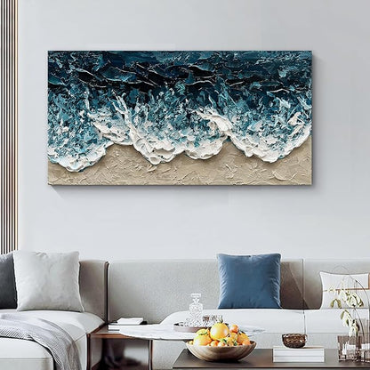 Art Hand-Painted Blue Ocean Beach Landscape Oil Painting Large Abstract Canvas Art Home Wall Decoration 24x48 inches