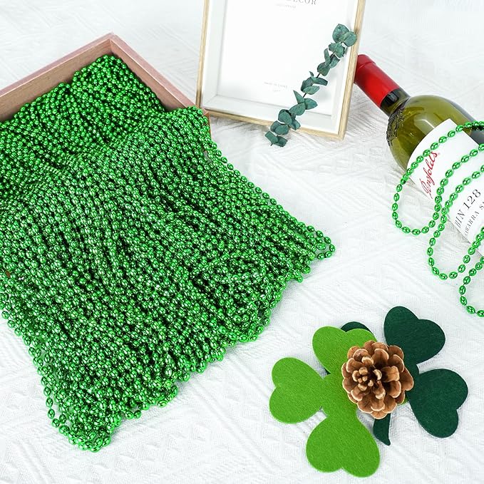 SHAOQINLIN 100 PCS St. Patricks Day Beads Necklace, 30.5" Green Oval Beads Irish Saint Patrick's Necklaces Christmas Necklace for St. Patricks Day Mardi Gras Xmas Parade Throws Party Favors