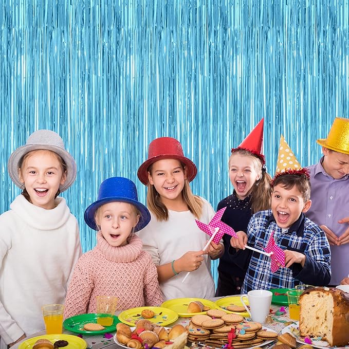 2 Pack Backdrop Curtains, 3.28 Feet x 7.05 Feet Sky Blue Tinsel Backdrop, Metallic Fringe Curtains Foil Tinsel Party Streamer, Winter Backdrop Happy Birthday Party Supplies