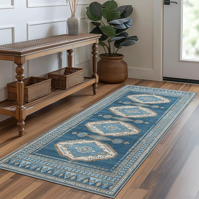 GENIMO 2x5 Washable Runner Rug for Hallway, Vintage Non Slip Low Pile Carpet, Soft Lightweight Printed Rug for Entryway, Kitchen, Corridor & Home Office, Navy/Brick