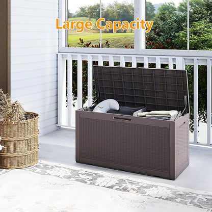 100 Gallon Outdoor Storage Box Waterproof, Resin Deck Boxes with Lockable Lid & UV-Resistant for Patio, Pool, Garden Furniture Cushions & Accessories, Coffee
