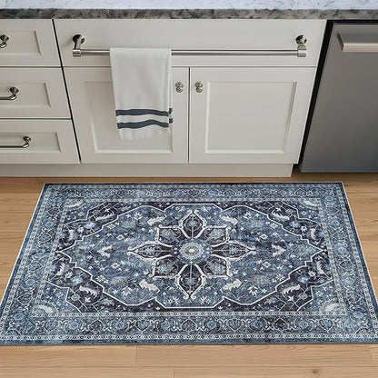 Bloom Rugs Caria Washable Non-Slip 3x5 Rug - Blue/Charcoal Traditional Area Rug for Living Room, Bedroom, Dining Room, and Kitchen - Exact Size: 3' x 5'