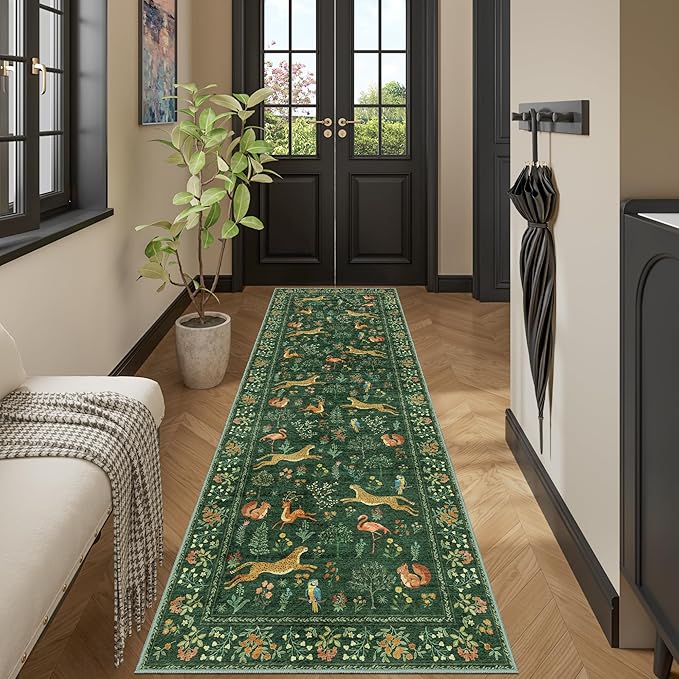 DUKINO 2x6 Rug for Hallway, Washable Kitchen Runner Rug with Non Slip Backing, Soft Low Pile Vintage Animal Runner for Bedroom, Kitchen, Hallway, Entryway, Laundry, Green