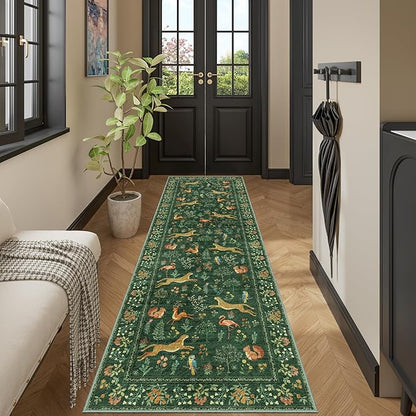 DUKINO 2x6 Rug for Hallway, Washable Kitchen Runner Rug with Non Slip Backing, Soft Low Pile Vintage Animal Runner for Bedroom, Kitchen, Hallway, Entryway, Laundry, Green