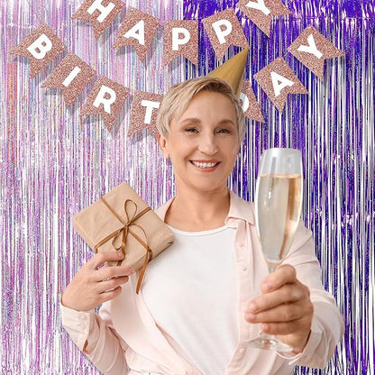 BRAVESHINE 1 Purple 1 Pink Streamers Party Backdrop - 3.2 ft x 8.2 ft Metallic Tinsel Foil Fringe Curtains for Hunters/Christmas/Girl/Women/Birthdays/Engagement/Bridal Shower/Bachelorette Decorations