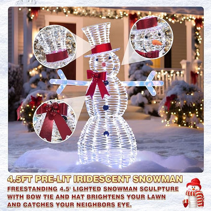 4.5FT Lighted Snowman for Christmas Decoration, 3D Pre-Lit Iridescent Snowman Xmas Decor with 100 LED Lights, Glittered Standing Holiday Display for Outdoor, Indoor