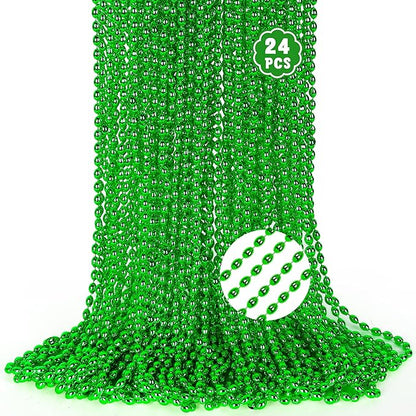 24PCS Oval Green Necklace, St Patricks Day Beaded Necklace Metallic Bead Green Accessories, Mardi Gras Beads Costume for Parade Throw Accessories Wedding Birthday St. Patricks Christmas Decorations