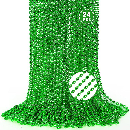 24PCS Oval Green Necklace, St Patricks Day Beaded Necklace Metallic Bead Green Accessories, Mardi Gras Beads Costume for Parade Throw Accessories Wedding Birthday St. Patricks Christmas Decorations
