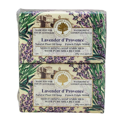 Wavertree & London Lavender Scented Natural Soap Bars (Pack of 2), 7oz Moisturizing French Triple Milled Soap Bars enriched with shea butter - Pure Plant Oil Bath & Body Bar for All Skin Types