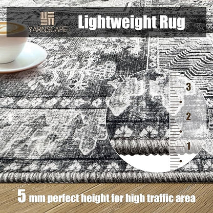 Vintage 8' x 10' Washable Area Rug - Stylish Indoor Rug for Living, Dining or Bedroom - Lightweight Carpet with Non-Slip Backing - Foldable for Easy Placement and Maintenance - Grey