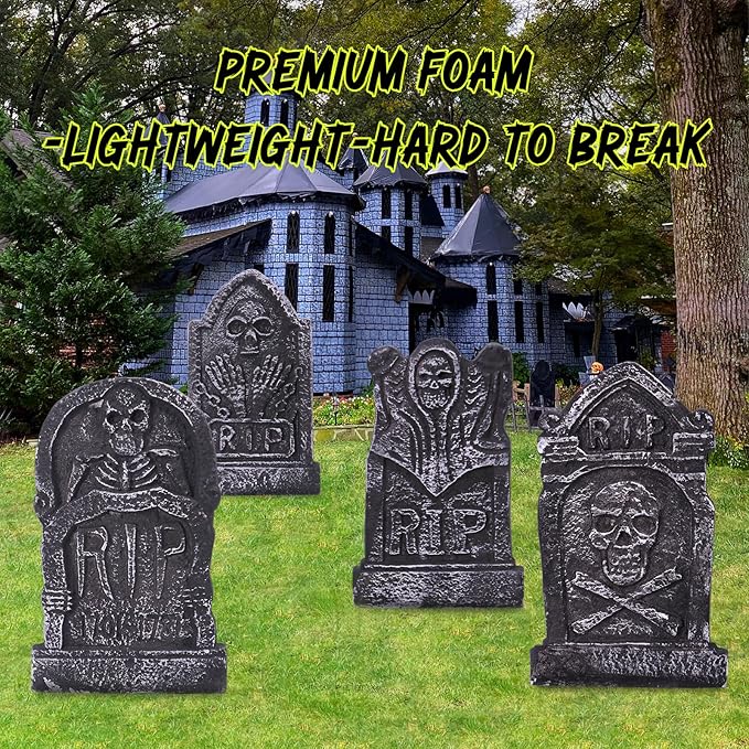 Sizonjoy Halloween Decorations, Foam RIP Graveyard Tombstones, 4 Pack Graveyard Headstone Decorations with 8 Bonus Stakes for Lawn Outside Decor (17In)