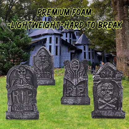 Sizonjoy Halloween Decorations, Foam RIP Graveyard Tombstones, 4 Pack Graveyard Headstone Decorations with 8 Bonus Stakes for Lawn Outside Decor (17In)