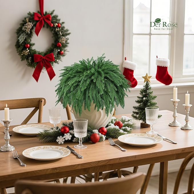 Der Rose 24Pcs Christmas Norfolk Pine Stems, 18 Inch Artificial Pine Branches Faux Cedar Stems Greenery Picks for Xmas DIY Crafts Wreath Garland Home Outdoor Christmas Decorations Indoor