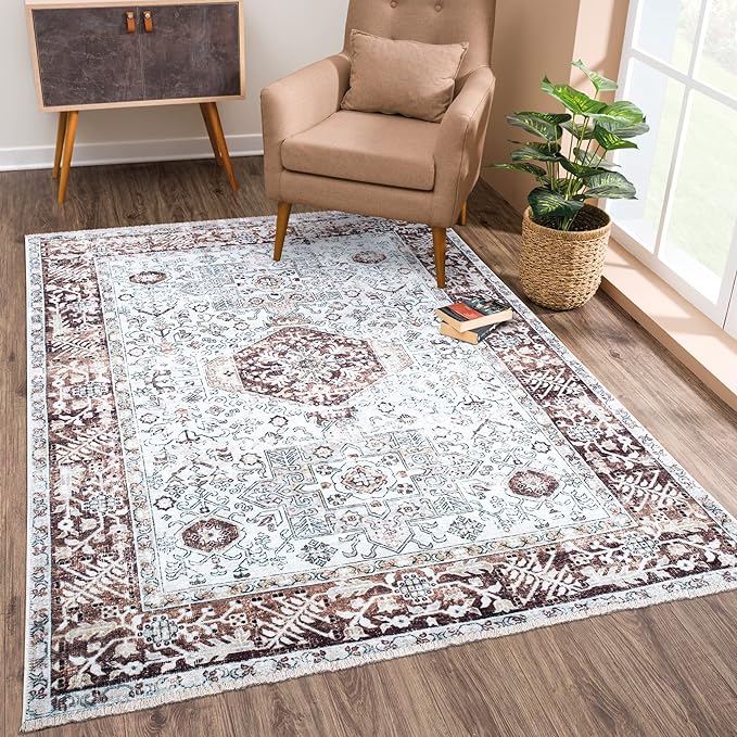 Bloom Rugs Caria Washable Non-Slip 8x10 Rug - Beige/Brown Traditional Area Rug for Living Room, Bedroom, Dining Room, and Kitchen - Exact Size: 7'8" x 10'