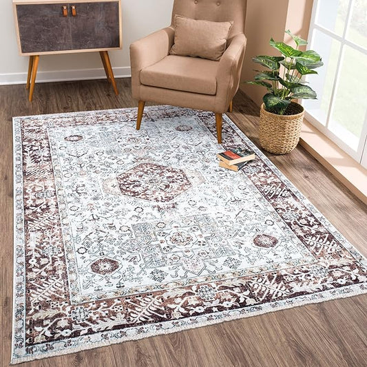 Bloom Rugs Caria Washable Non-Slip 8x10 Rug - Beige/Brown Traditional Area Rug for Living Room, Bedroom, Dining Room, and Kitchen - Exact Size: 7'8" x 10'