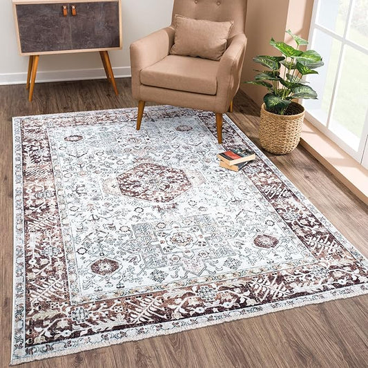 Bloom Rugs Caria Washable Non-Slip 9x12 Rug - Beige/Brown Traditional Area Rug for Living Room, Bedroom, Dining Room, and Kitchen - Exact Size: 9' x 12'
