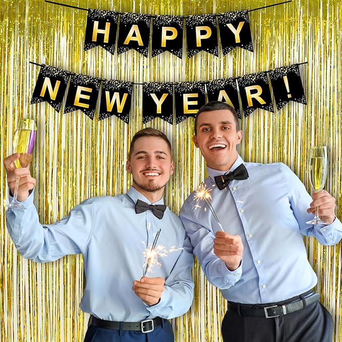 Gold Fringe Backdrop Curtain, Metallic Tinsel Foil Fringe Curtains for Birthdays Engagement Graduated Christmas New Years Party Decorations - 2 Pack 3.2×8.2ft