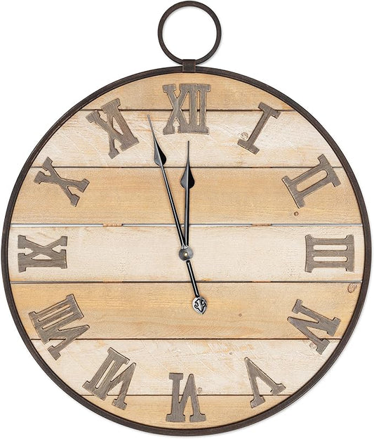 Large Wooden Wall Clock - Antique, Vintage, Rustic, Country Farmhouse Style - Real Wood - Iron Roman Numeral Design - Built-in Wall Hanging Ring - 23.5" x 28"