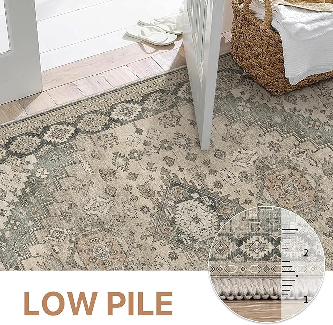 GENIMO Machine Washable 8x10 Area Rugs for Living Room, Non Slip Vintage Rugs, Low Pile Lightweight Chenille Print Rug for Bedroom, Dining Room, Home Office, Oatmeal Gray