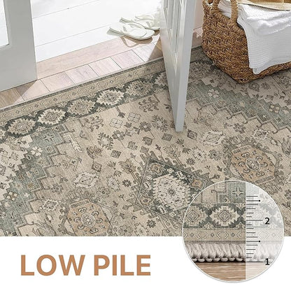 GENIMO Machine Washable 8x10 Area Rugs for Living Room, Non Slip Vintage Rugs, Low Pile Lightweight Chenille Print Rug for Bedroom, Dining Room, Home Office, Oatmeal Gray