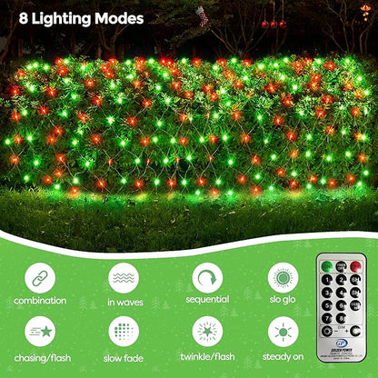 WBao Christmas Lights, 200LED 9.8ft x 6.6ft Christmas Bush Lights, 8 Modes, Timer, End to End Connectable, Waterproof Design for Lawn, Bush, Tree Outdoor Xmas Decorations, Red Green (Clear Wire)