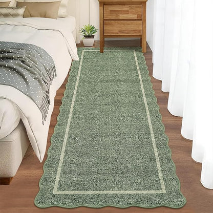 GarveeHome Scalloped Washable Runner Rug 2x6 Runner Modern Non Slip Kitchen Rugs Farmhouse Entryway Rug Soft Bathroom Rugs Stain Resistant Carpet for Laundry Bedroom 2 ft x6 ft Greyish Green