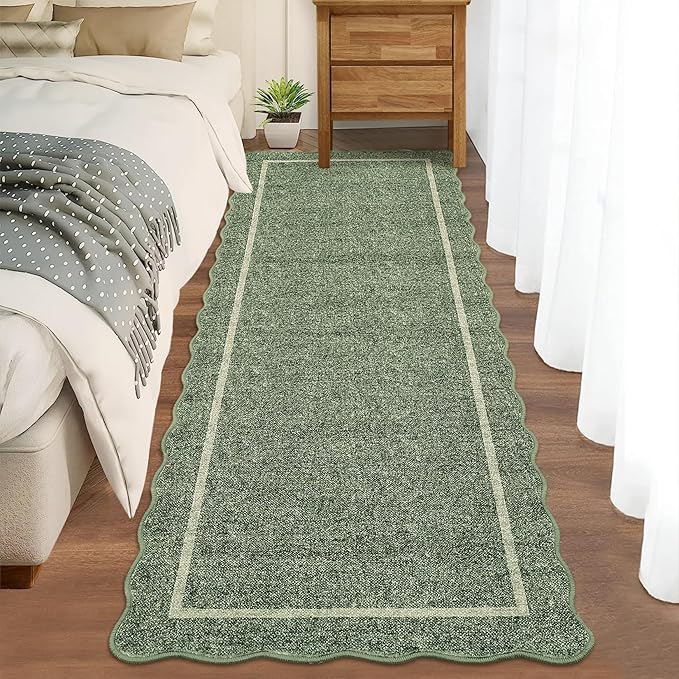 GarveeHome Scalloped Washable Runner Rug 2x8 Runner Modern Non Slip Kitchen Rugs Entryway Rug Farmhouse Soft Bathroom Rugs Stain Resistant Carpet for Hallway Laundry Bedroom 2 ft x8 ft Greyish Green