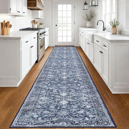 KILOCOCO Hallway Runner 3x18 Rug Runner Printed Vintage Floral Washable Kitchen Runners Non-Slip Rubber Backed Runners for Hallways Laundry Room Distressed Boho Rugs for Bedroom, Blue