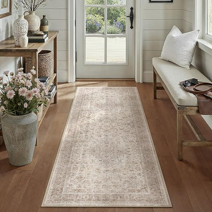 Beige 2x6 Runner Rug Washable Hallway Vintage Carpet Low Pile Non Slip Distressed Soft Traditional Retro Oriental Long Accent Throw Rug for Kitchen Bedroom Laundry Bathroom Dining Room