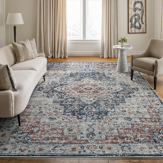 Bloom Rugs Caria Washable Non-Slip 6x9 Rug - Terracotta/Teal Traditional Area Rug for Living Room, Bedroom, Dining Room, and Kitchen - Exact Size: 6' x 9'