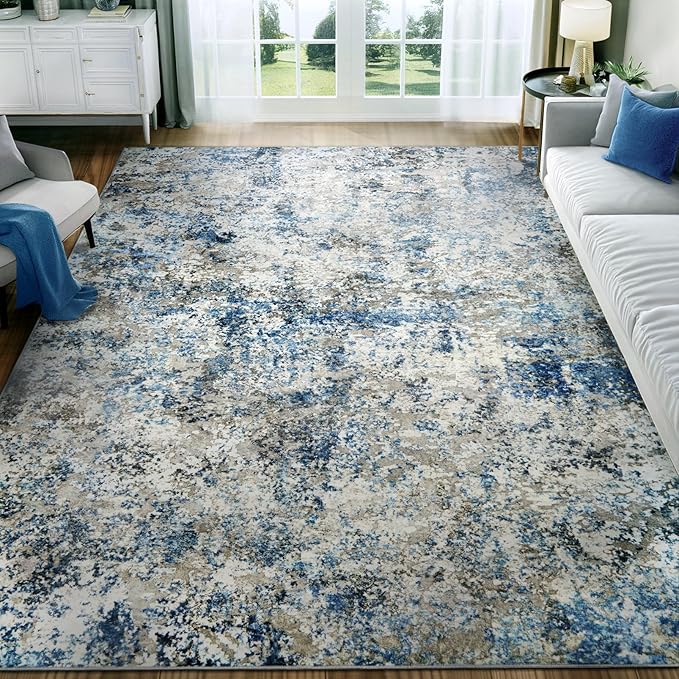 Washable Area Rug for Living Room: 6x9 Modern Abstract Neutral Soft Rug for Bedroom Dining Room No Slip Low Pile Carpet for Nursery Home Office - Grey/Blue